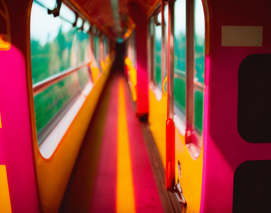 Colorful empty train interior with yellow floor, orange seats, and pink accents.