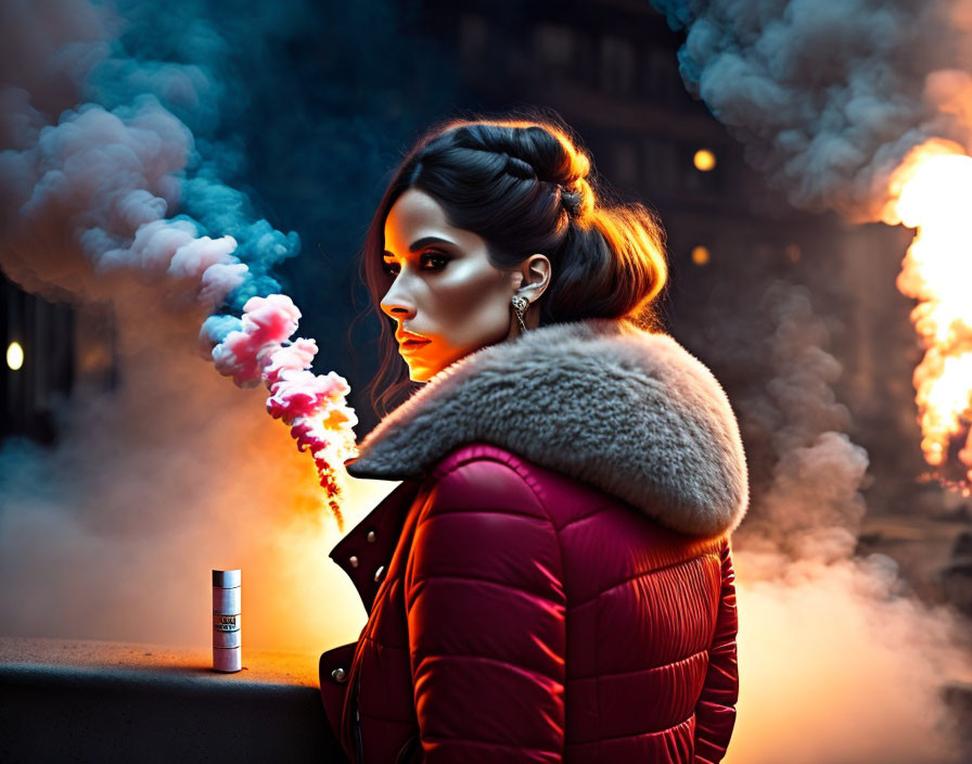 Woman in Red Jacket Surrounded by Colorful Smoke in Urban Setting