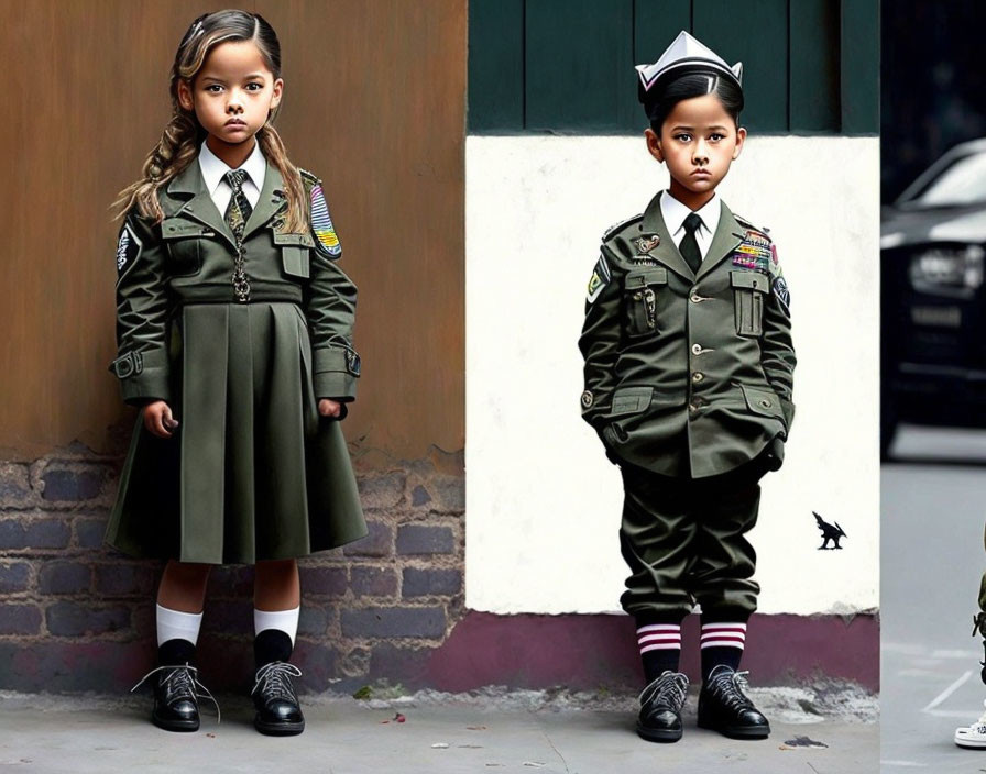 Boy and girl in military-style uniforms with medals against brick wall