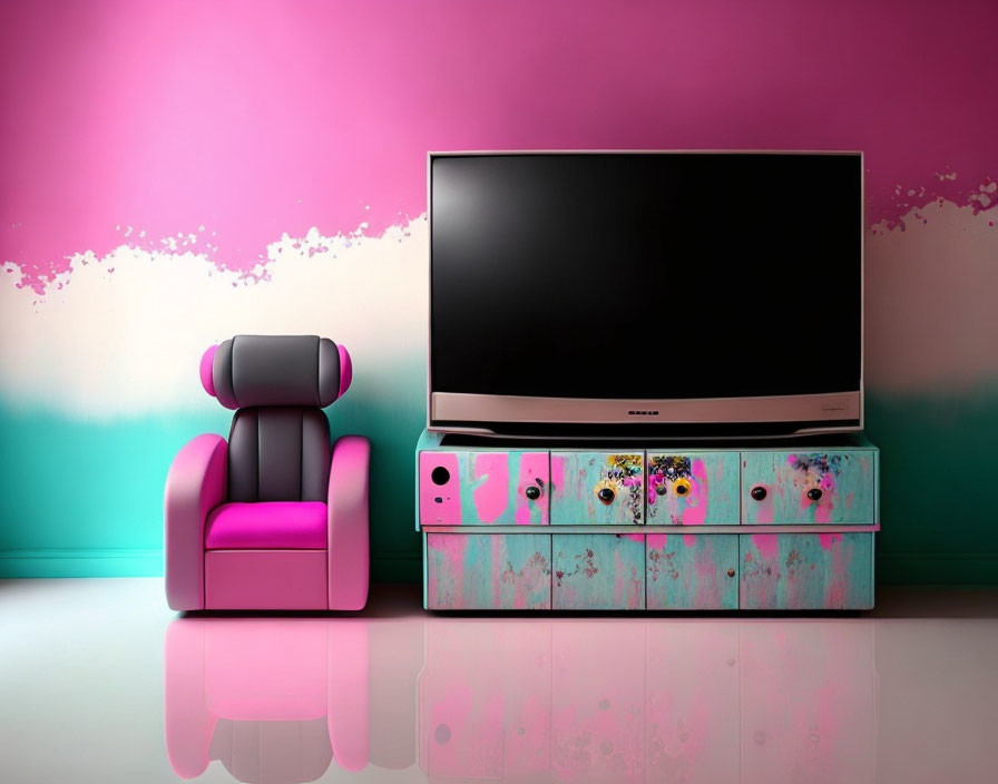 Modern TV on colorful cabinet in vibrant pink and turquoise themed room