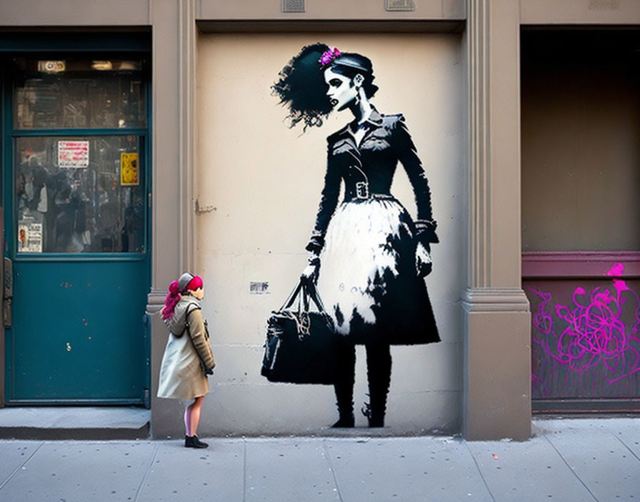 Monochromatic street art mural of woman with unique hairstyle and flower.