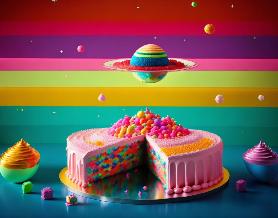 Vibrant Rainbow Cake with Colorful Background and Sweet Treats