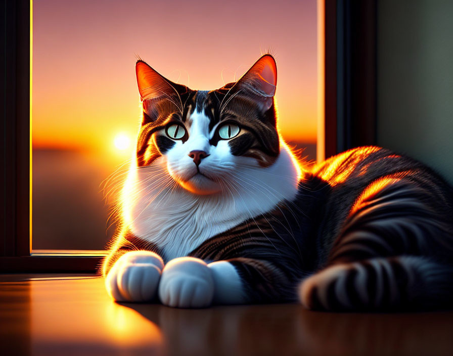 Black and white cat basking in sunset light by window