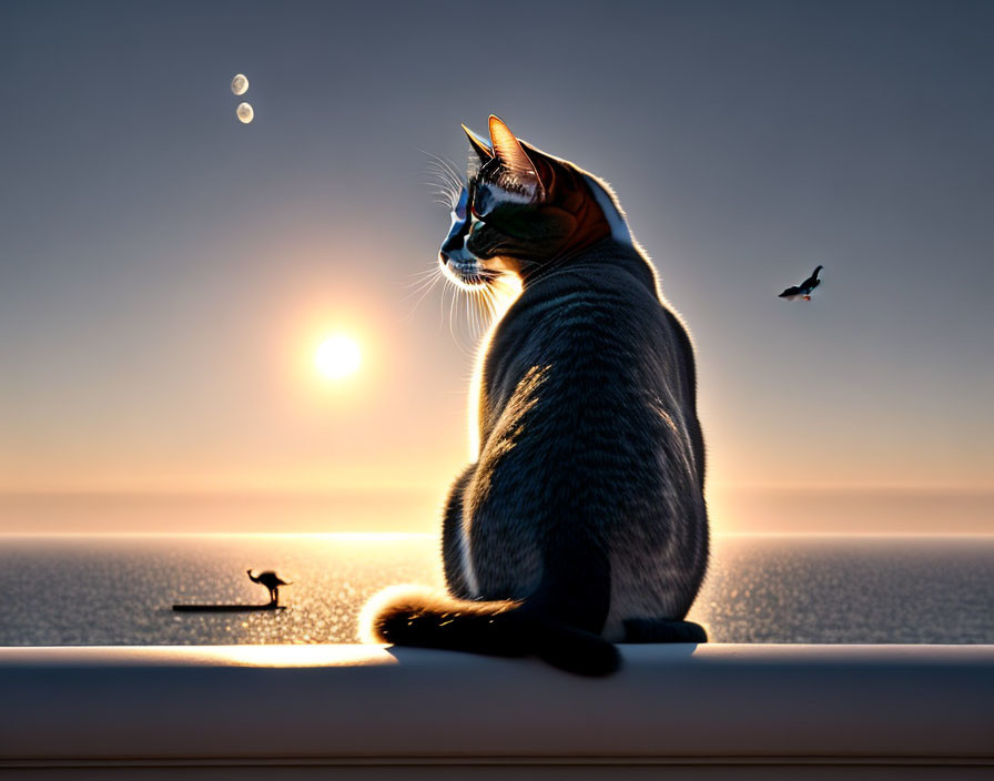 Cat on ledge at sunset with bird flying and perched nearby