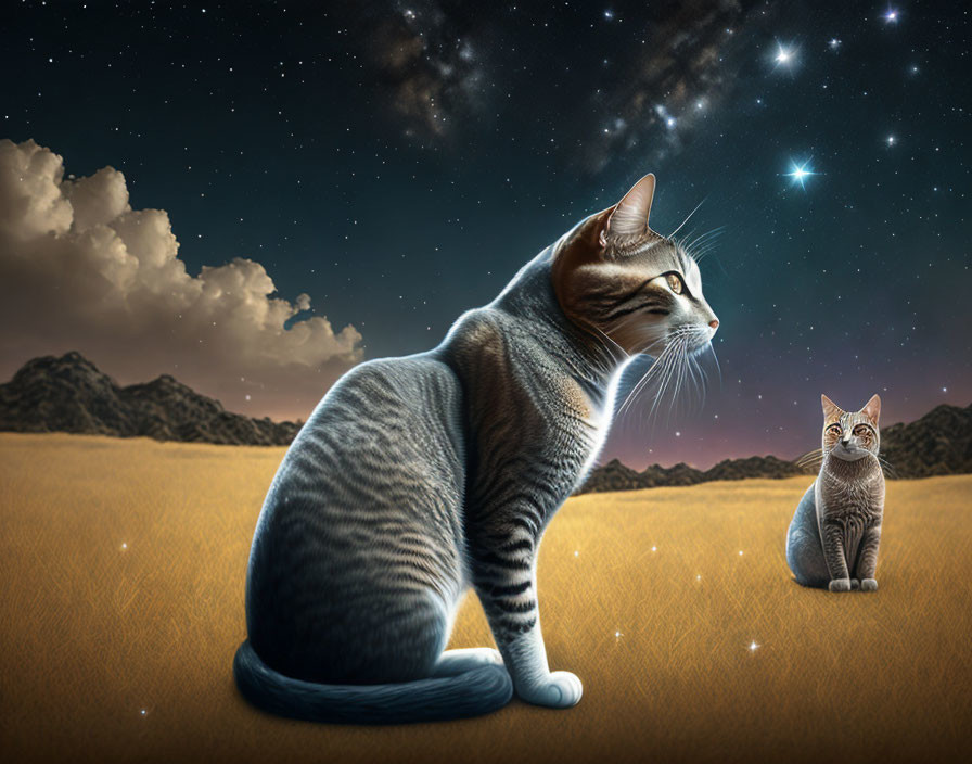 Realistic cat under starry night sky with hills