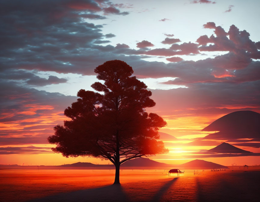 Silhouetted lone tree at vibrant sunset with grazing animal and distant mountains