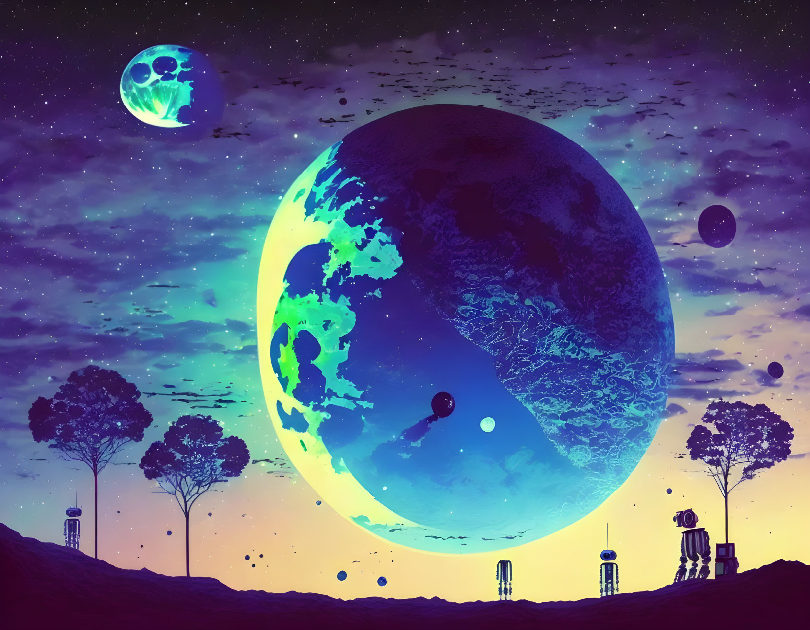 Colorful Astronaut Artwork with Exotic Planets and Alien Landscape