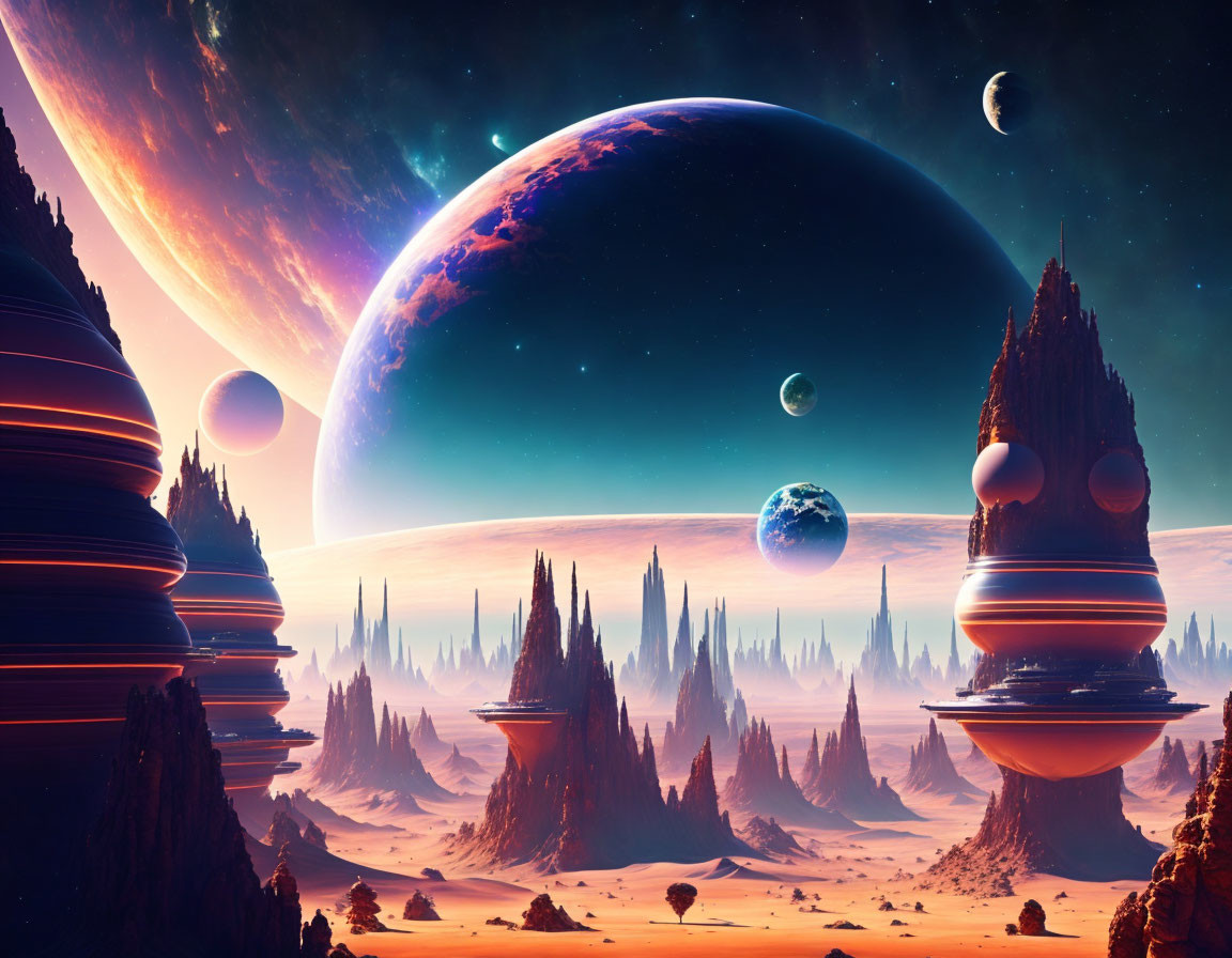 Vibrant sci-fi landscape with towering rock formations and multiple celestial bodies