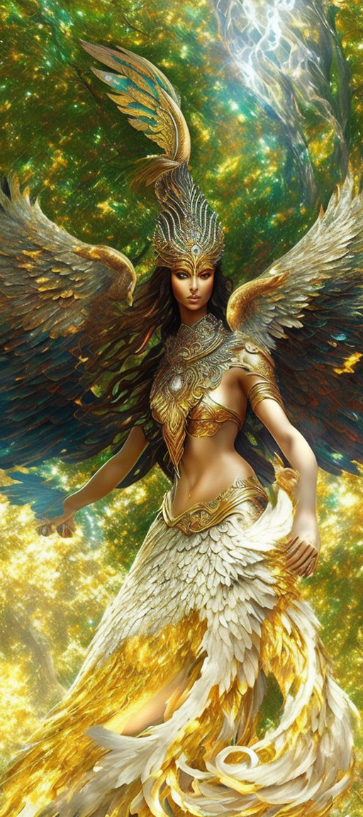 Golden-winged fantasy figure with ornate helmet in celestial and lush greenery setting