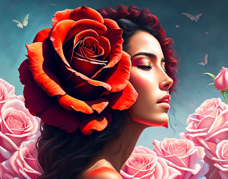 Digital artwork: Woman with rose eye, butterflies, roses on teal background