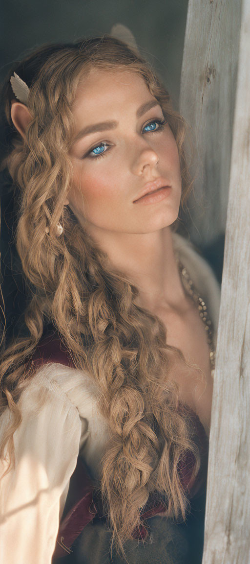 Braided hair woman with blue eyes in wooden frame under soft sunlight