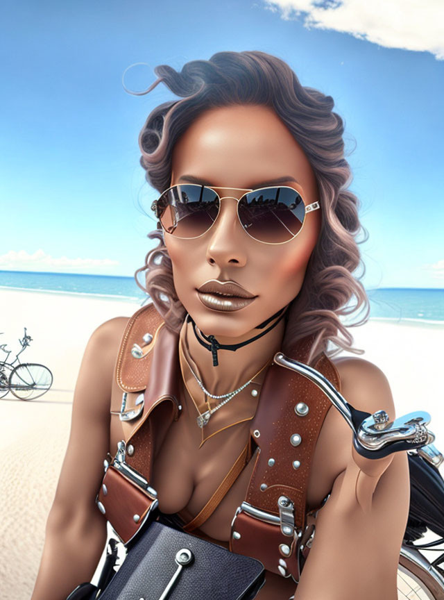 Stylish woman with sunglasses on motorcycle at beach