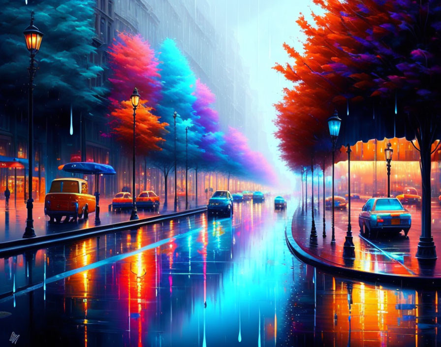 Rainy city street with colorful trees, cars, and glowing lamps