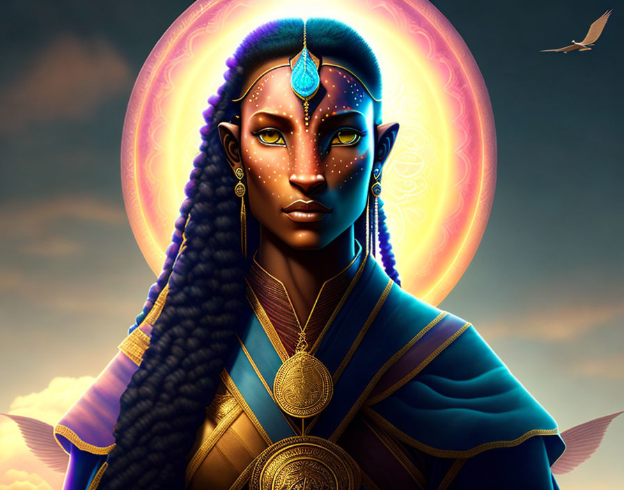 Digital artwork: Mystical female with blue skin, pointed ears, facial markings, golden jewelry, glowing