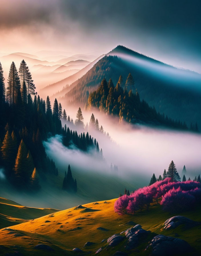 Golden sunrise over misty valley with hills and blooming pink trees