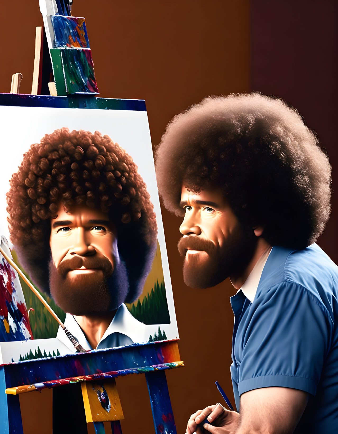 Artist painting self-portrait with afro blending into real hair