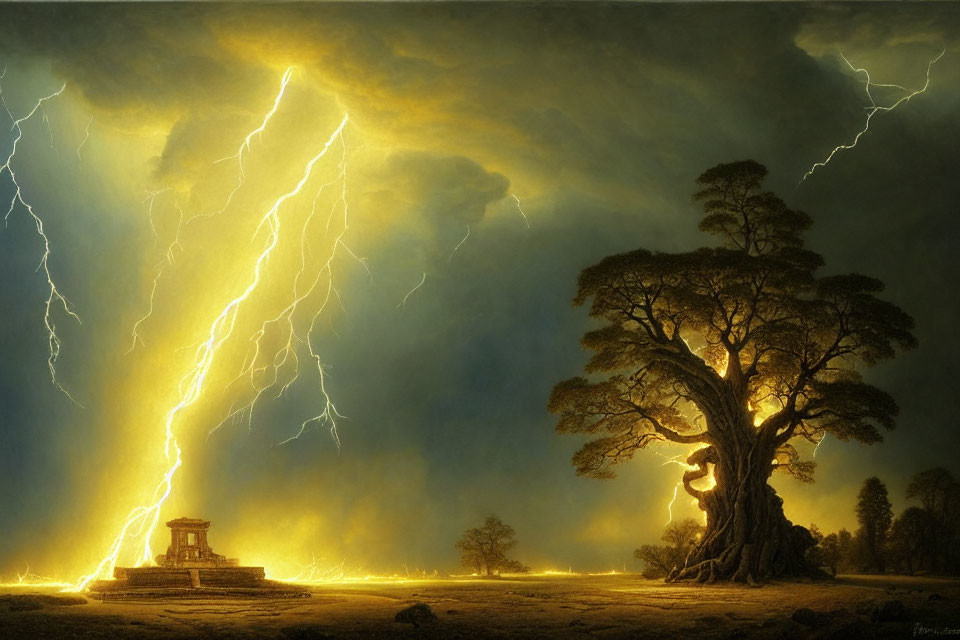 Dramatic landscape with lightning strikes over field, tree, and temple