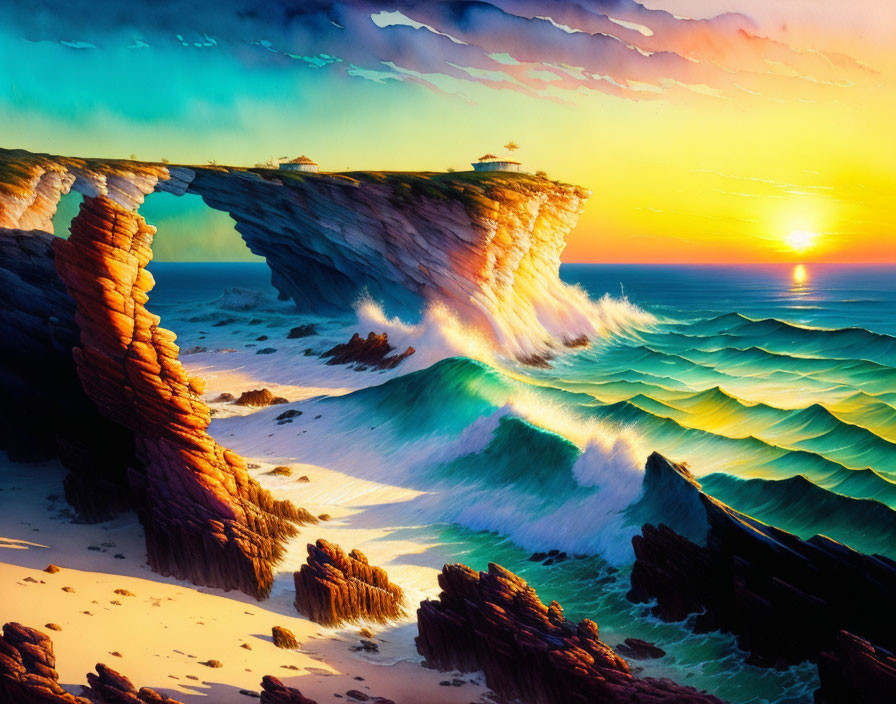 Vivid digital artwork: Arching rock formation over turbulent sea