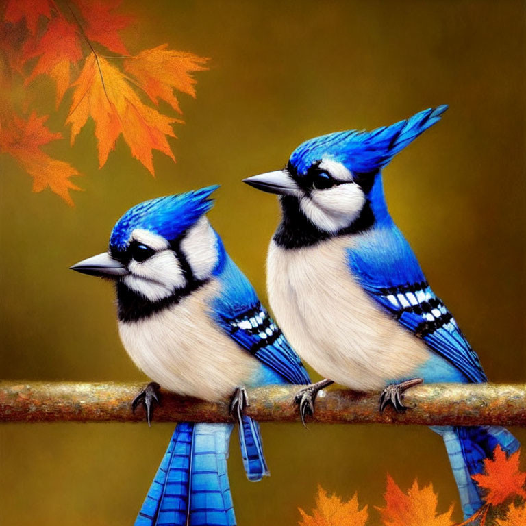 Vibrant blue jays on branch with autumn leaves.