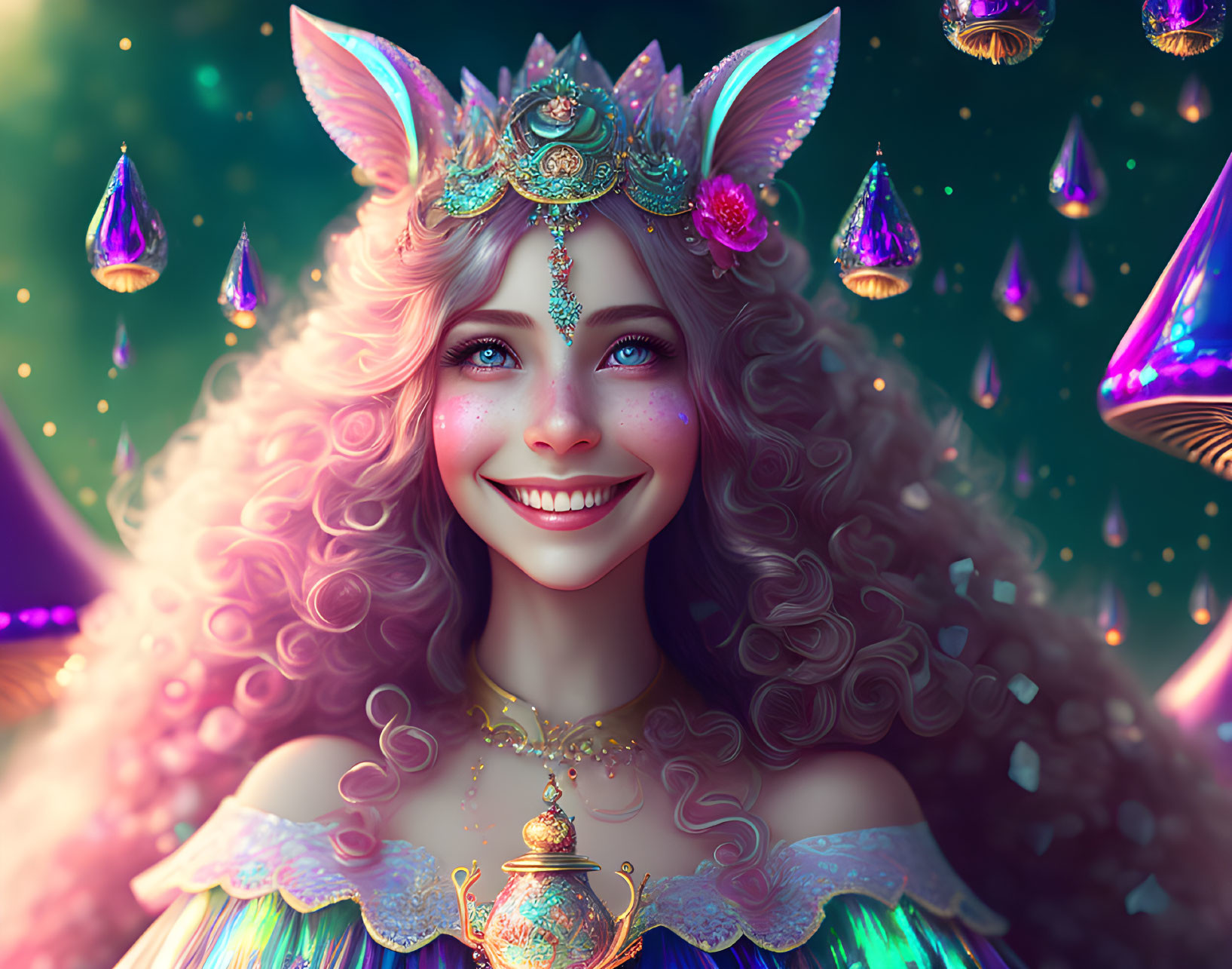 Colorful Portrait of Fantasy Character with Pointed Ears and Curly Hair