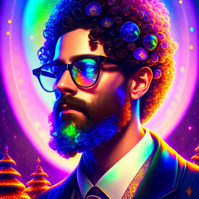 Colorful portrait of a bearded man with neon palette and planetary hair design.