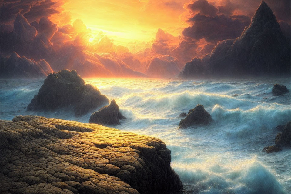 Colorful sunset over turbulent sea and rocky cliffs with textured rocks in the foreground