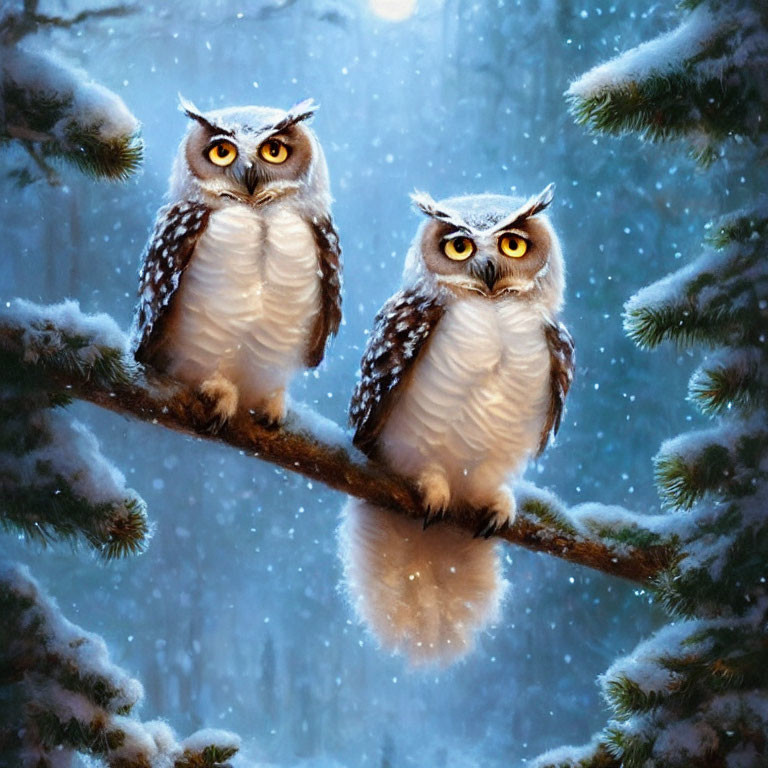 Two Owls Perched on Snowy Branch in Wintry Forest