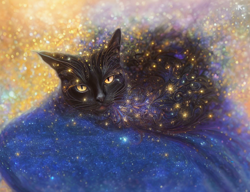 Black cat with orange eyes in cosmic landscape