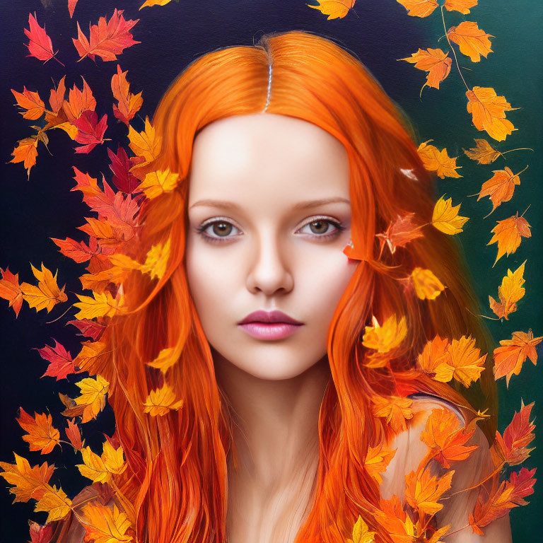 Vibrant orange hair woman portrait with autumn leaves on dark background