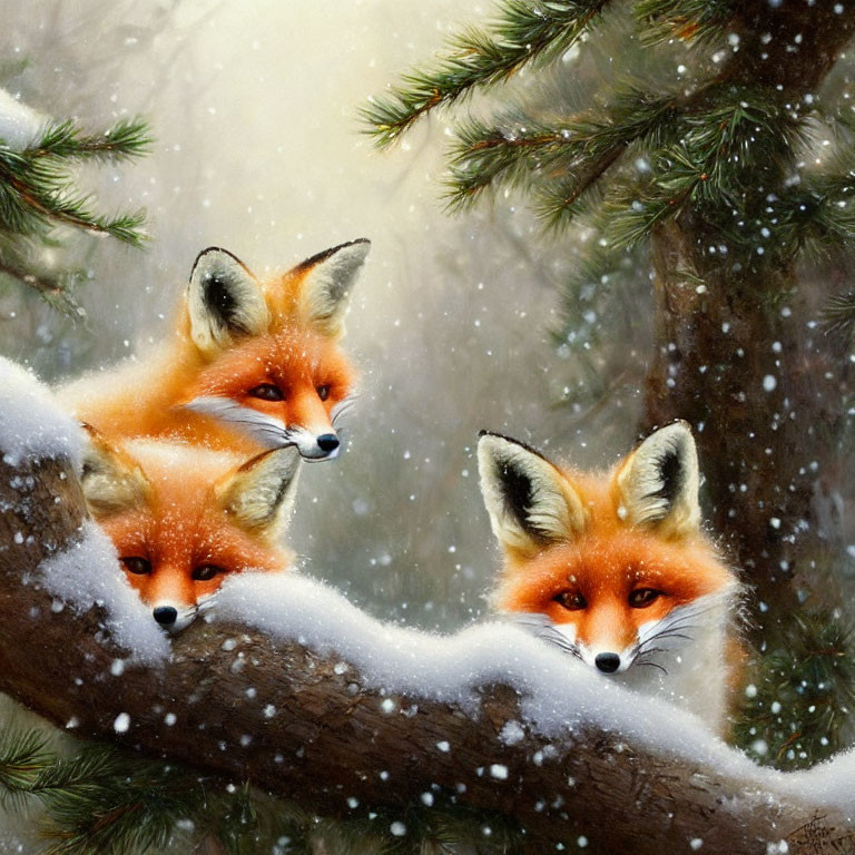 Red Foxes on Snowy Tree Branch in Winter Forest Scene