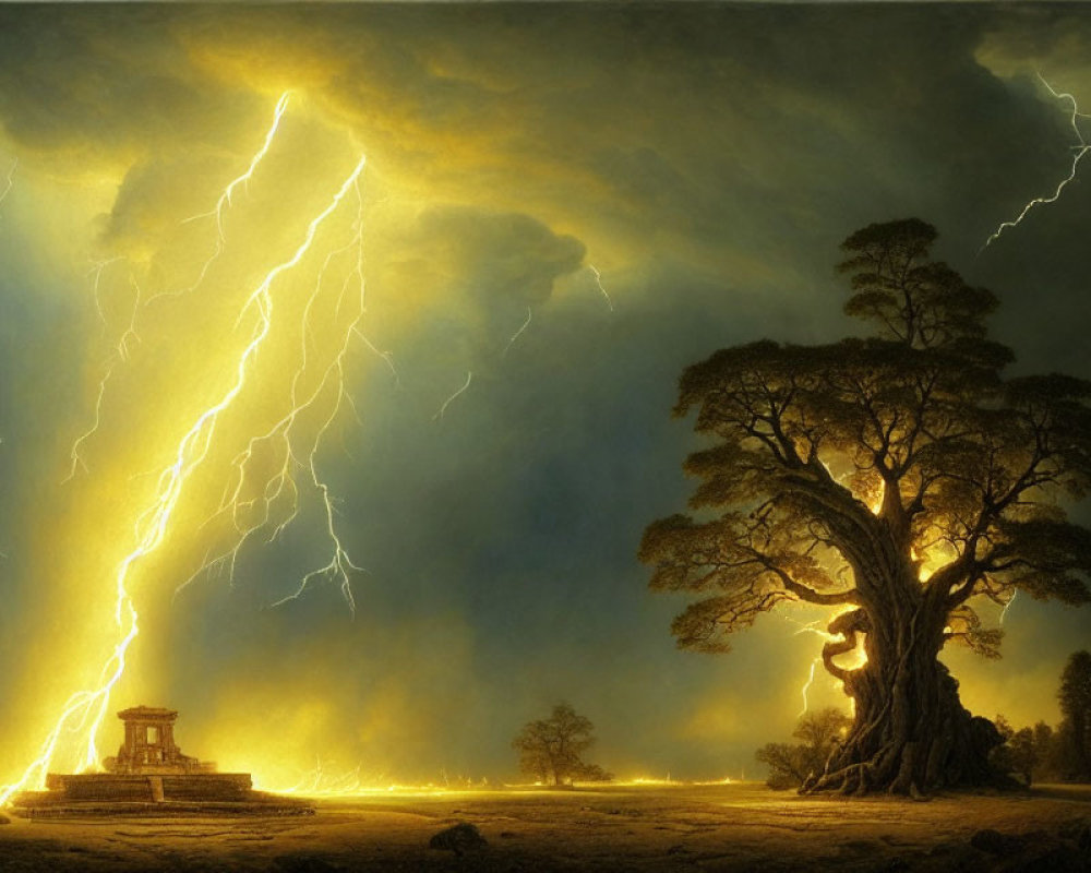 Dramatic landscape with lightning strikes over field, tree, and temple