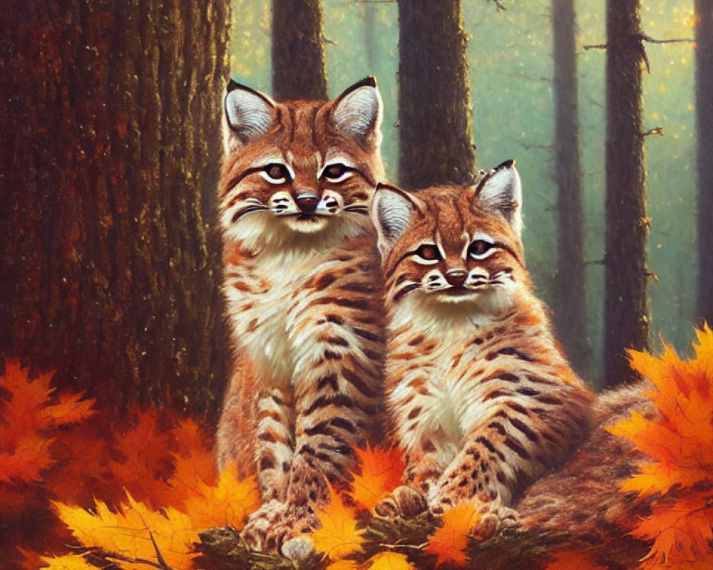 Two Bobcats Camouflaged in Autumn Forest