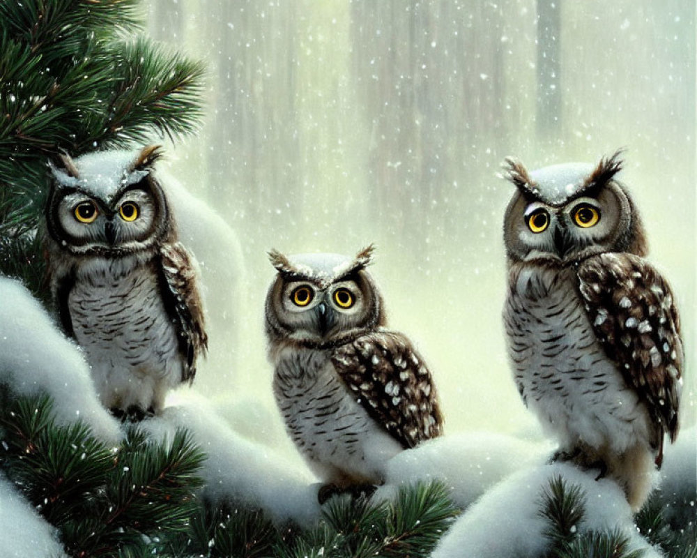 Three owls on snow-covered branches in wintry forest landscape