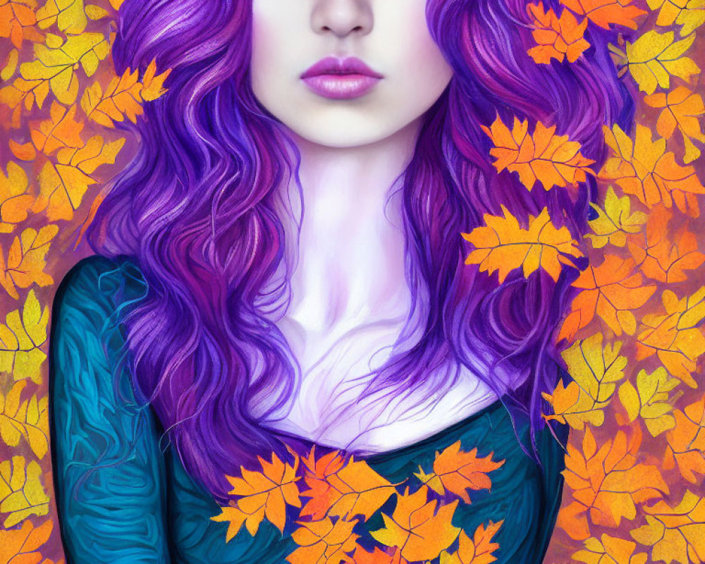 Vibrant digital illustration: Woman with purple hair in autumn setting