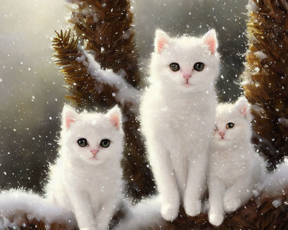 Three White Cats on Snowy Branch with Falling Snowflakes