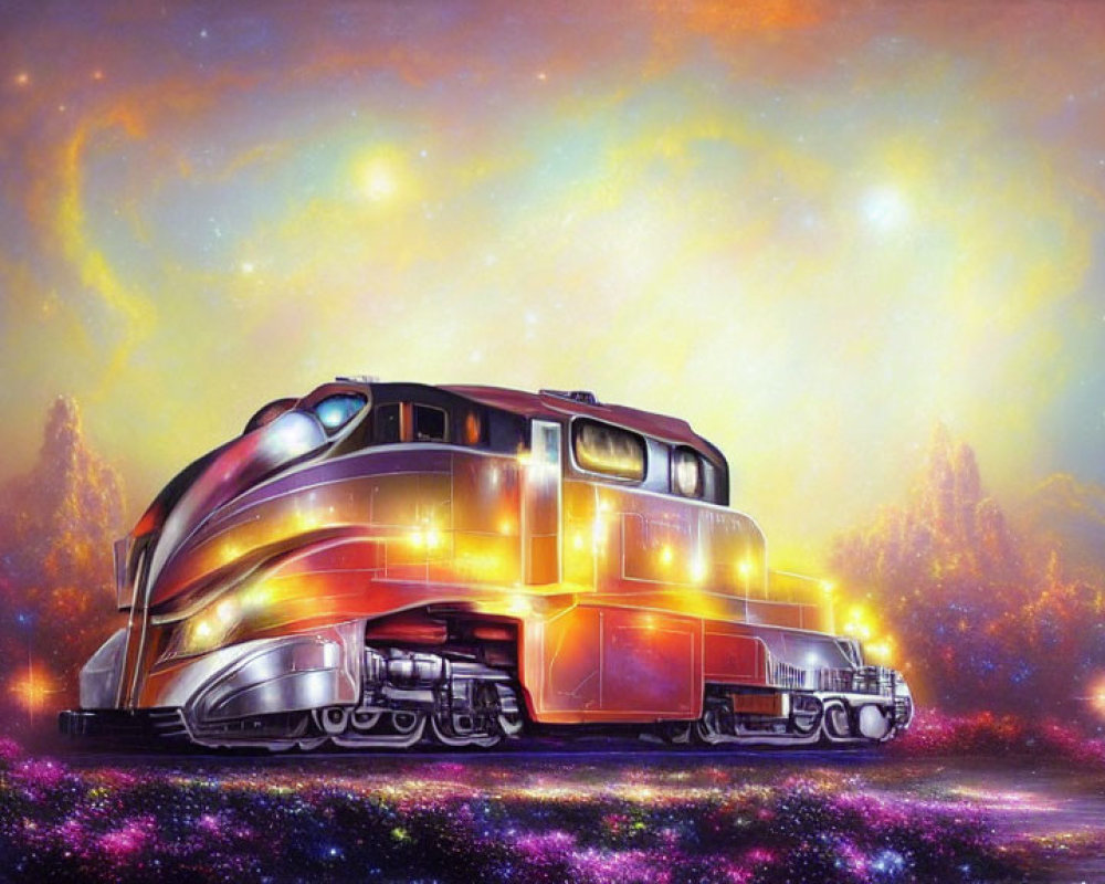 Colorful futuristic train in starry nebula sky