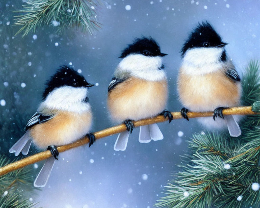 Three Chickadees Perched on Snowy Pine Branch