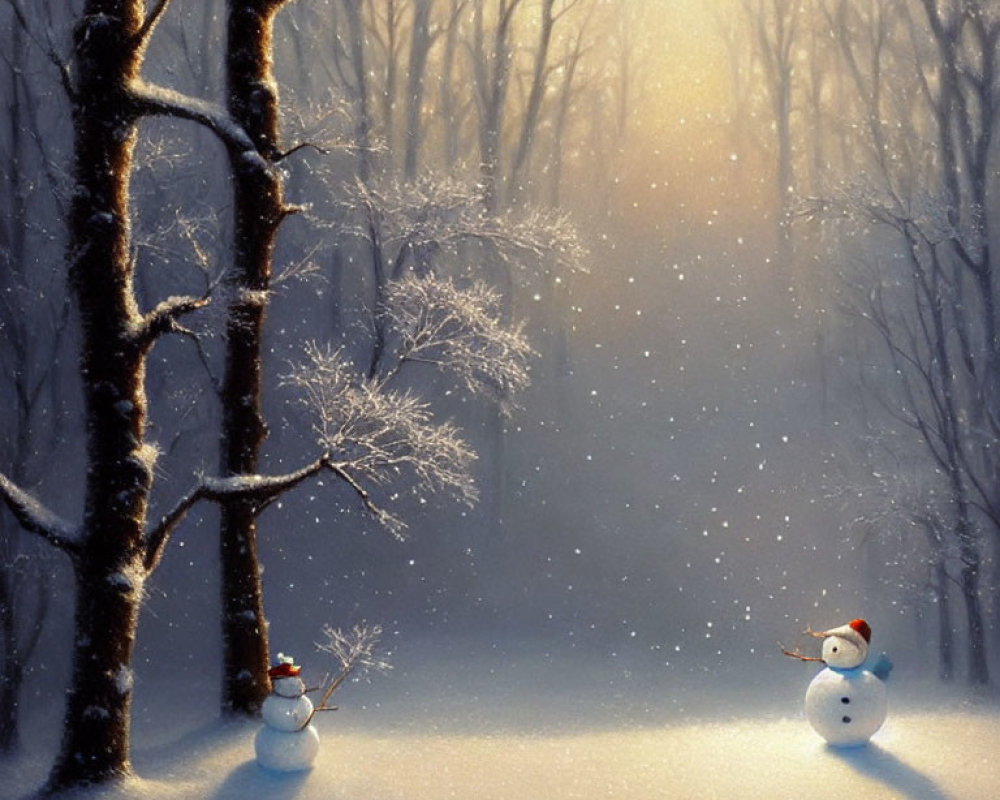 Snow-covered winter scene with two snowmen and trees in soft sunlight