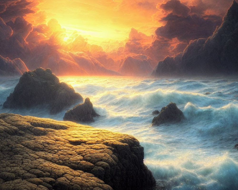 Colorful sunset over turbulent sea and rocky cliffs with textured rocks in the foreground