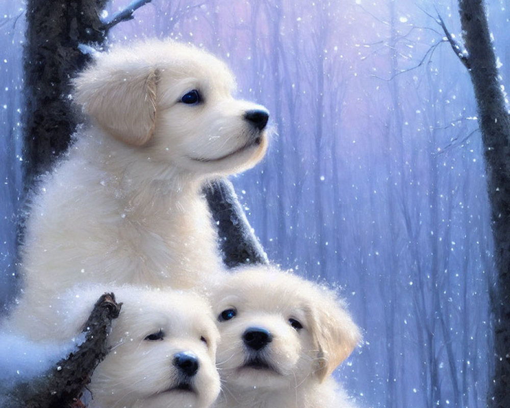 Three White Puppies on Snowy Branch in Winter Forest