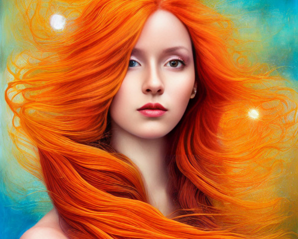 Woman with Vibrant Orange Hair on Blue Textured Background with White Orbs