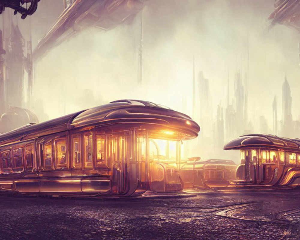 Sleek illuminated trains in misty futuristic cityscape