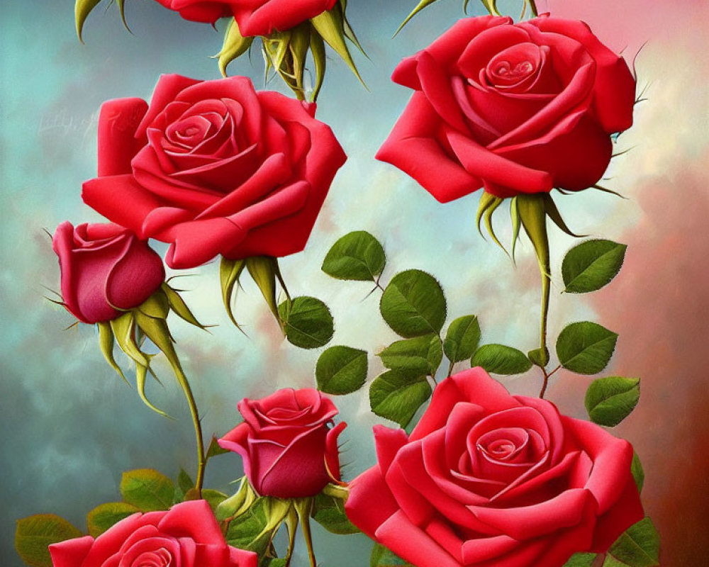 Bright red roses and green leaves on soft background.