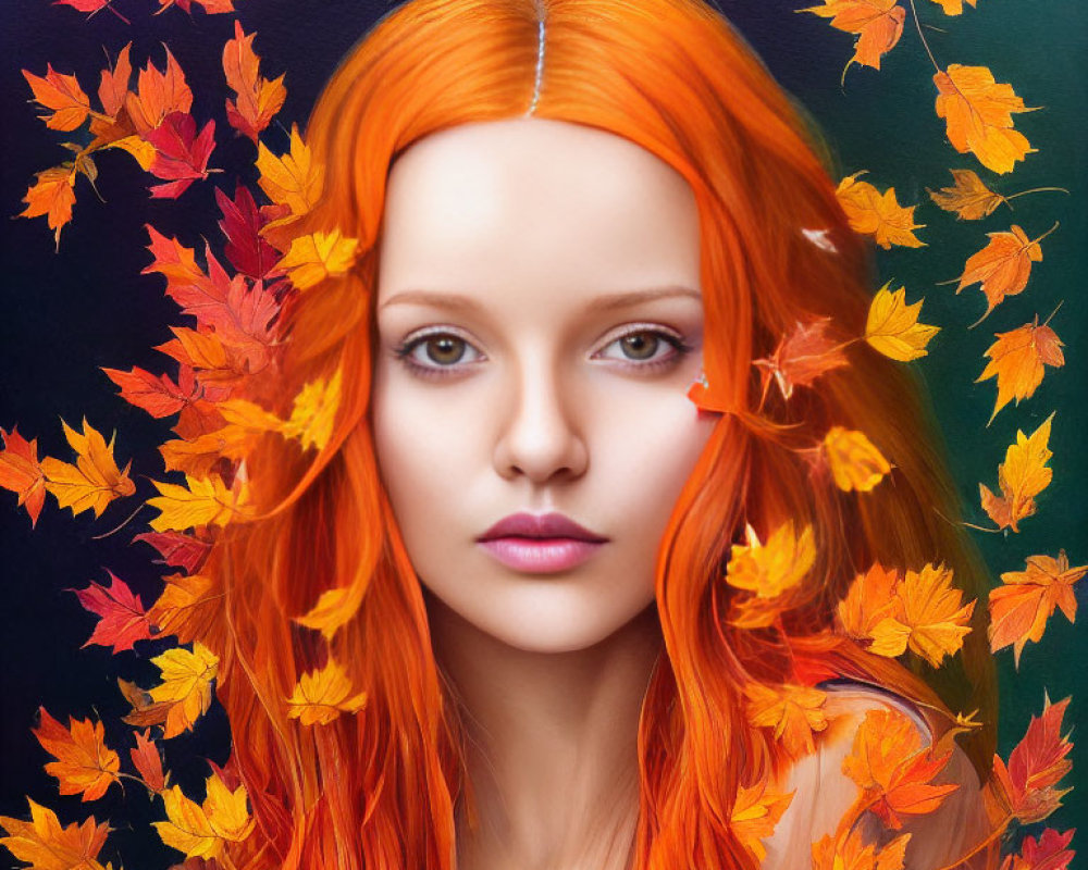 Vibrant orange hair woman portrait with autumn leaves on dark background