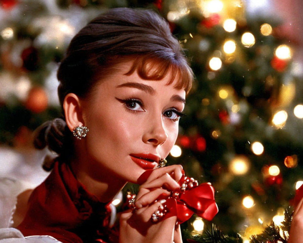 Woman with elegant updo holding red ribbon in front of Christmas tree