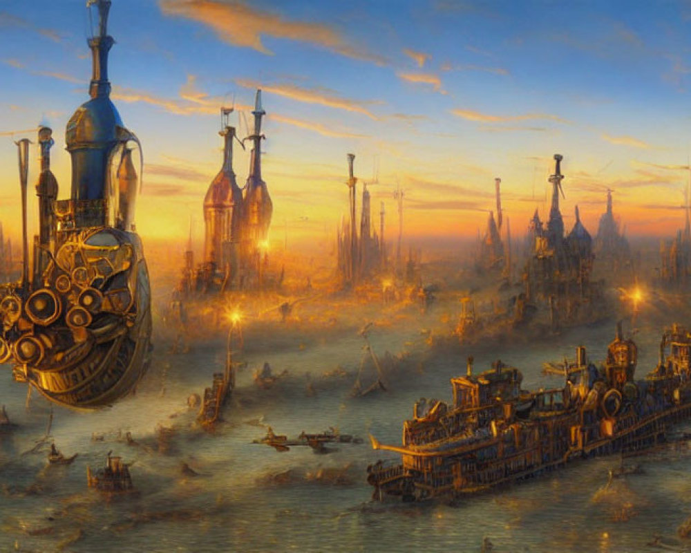 Futuristic floating ships over golden cityscape at dawn or dusk