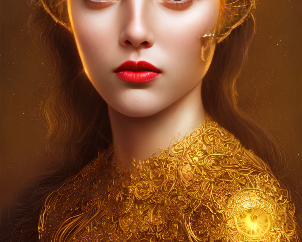 Intricate golden headpiece and garment on woman with captivating gaze