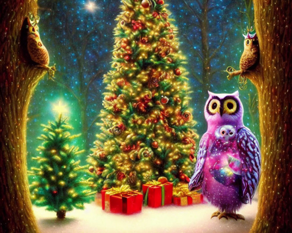 Whimsical owl illustration with Christmas tree and presents