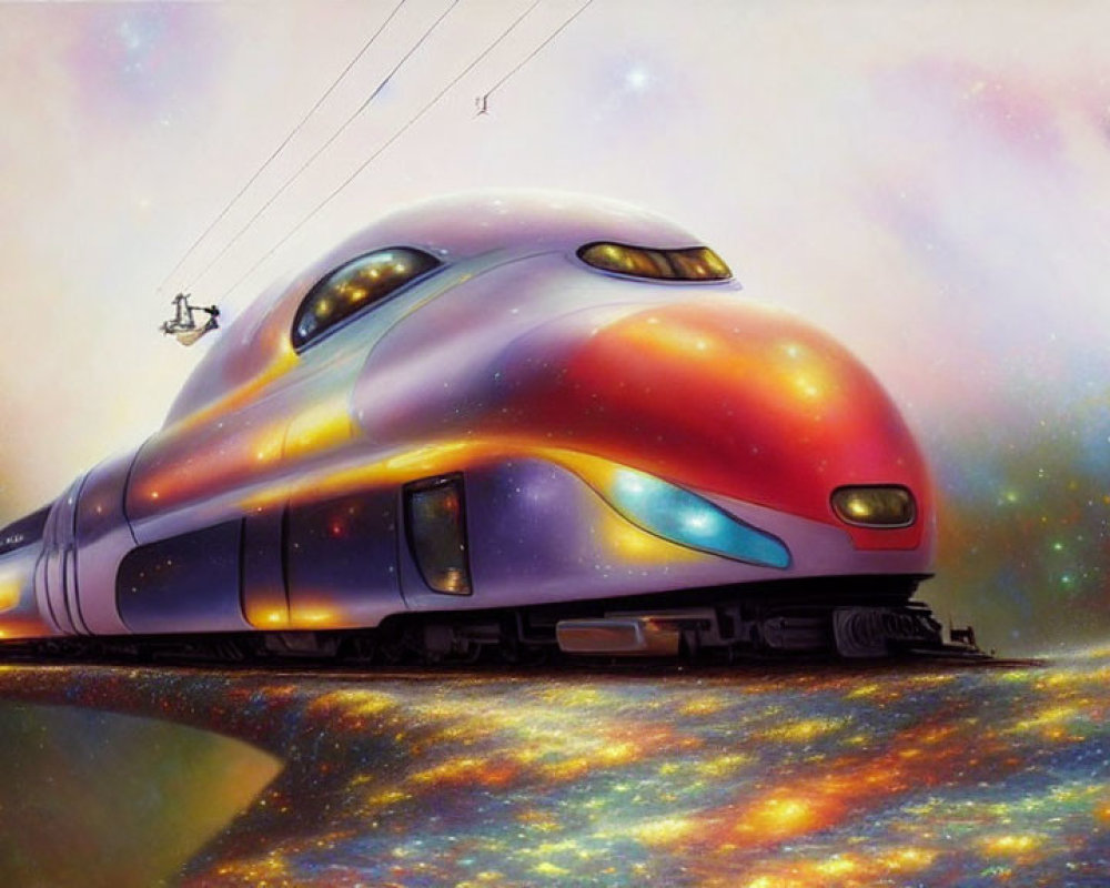 Colorful futuristic train in cosmic landscape