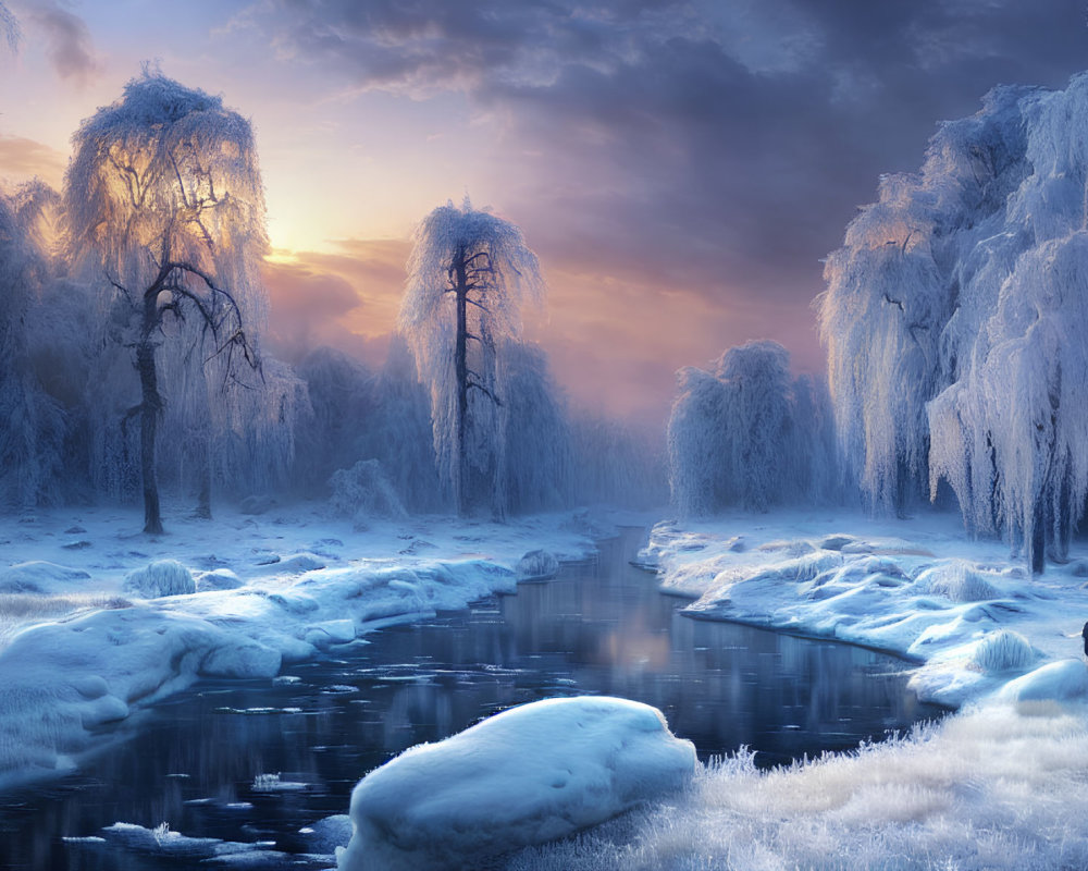 Winter Scene: Person by Frozen Stream and Snow-Covered Trees